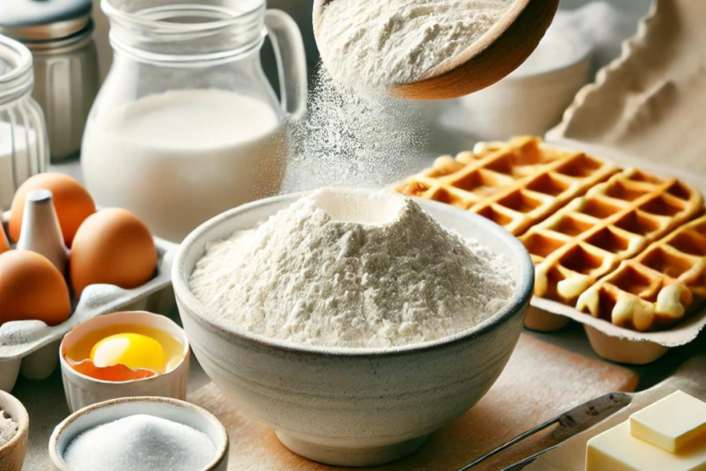 Flour being poured into a mixing bowl for waffle batter, with eggs, sugar, butter, and milk arranged on a kitchen counter.