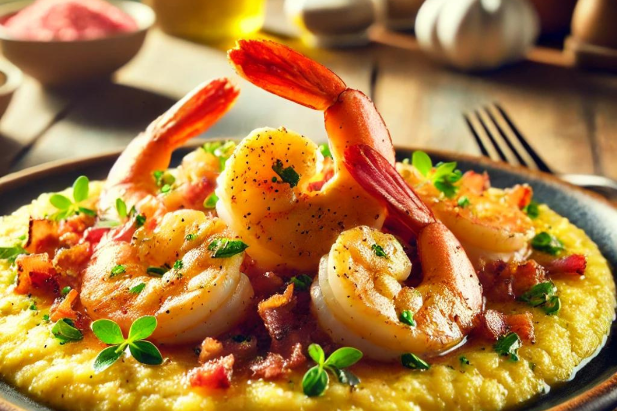 A plate of shrimp and grits topped with fresh herbs and bacon, served on a wooden table in a Southern-style kitchen.