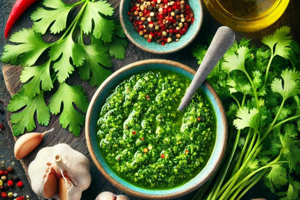 Chimichurri sauce in a bowl surrounded by fresh parsley, cilantro, garlic, red pepper flakes, olive oil, and vinegar on a rustic wooden table.