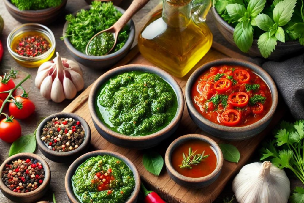 Three bowls of different chimichurri sauce variations, including red and spicy versions.