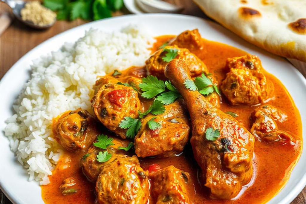 Plate of chicken in simmer sauce served with rice and naan bread, garnished with fresh cilantro.