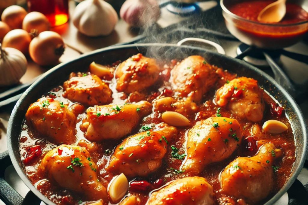 Chicken simmering in sauce with garlic and onions on a stovetop.