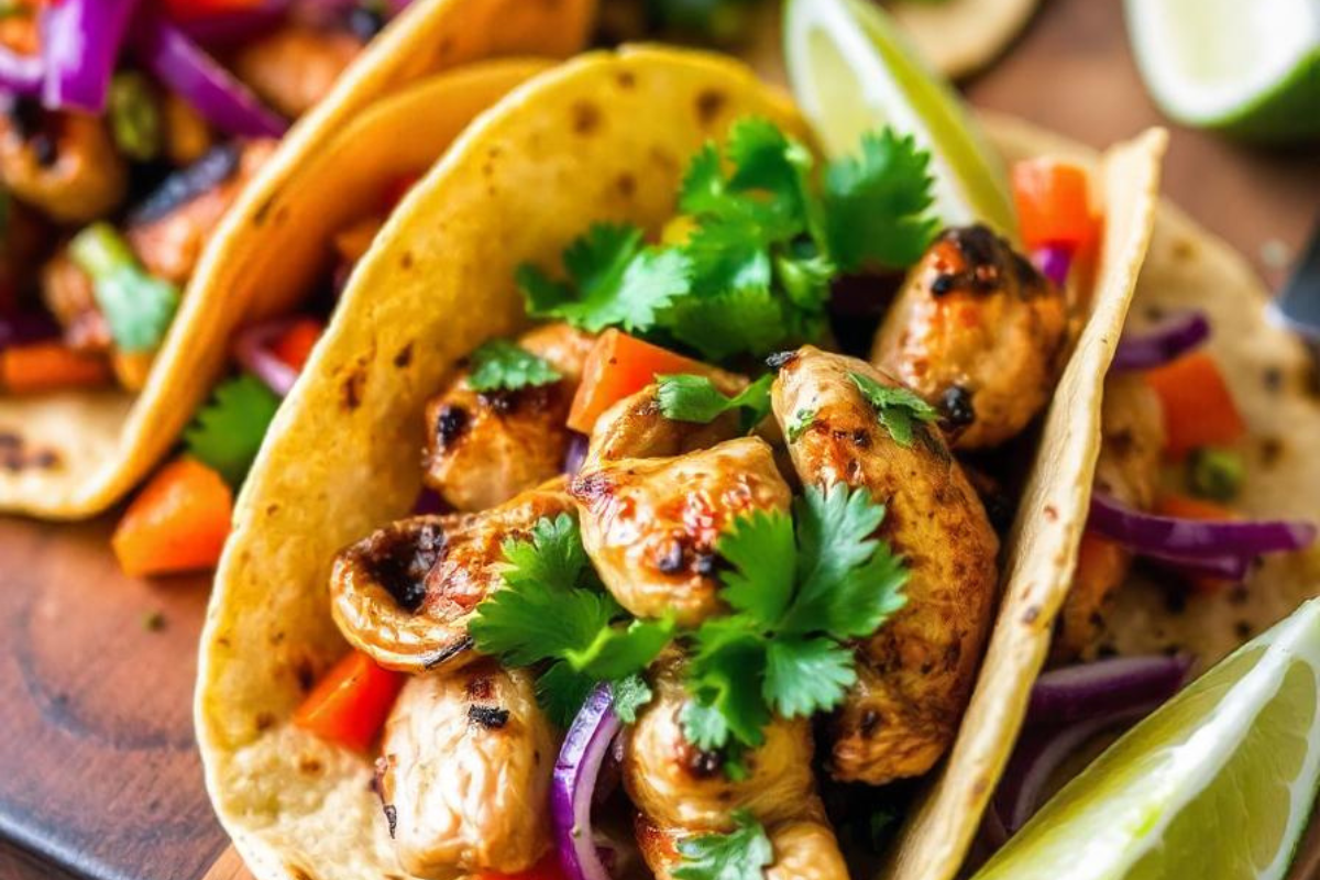 Grilled chicken tacos with vibrant toppings including fresh cilantro, red onions, and bell peppers, served in warm corn tortillas with a lime wedge on the side.