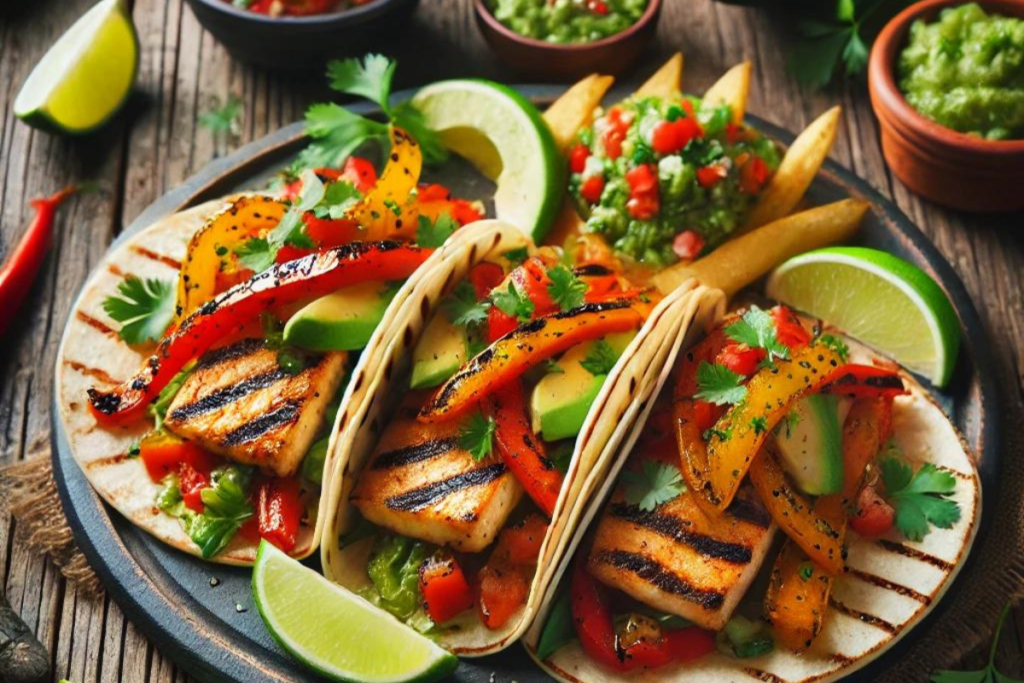 A plate of grilled mahi mahi tacos with charred bell peppers, served with pico de gallo and avocado slices, garnished with cilantro and lime wedges.