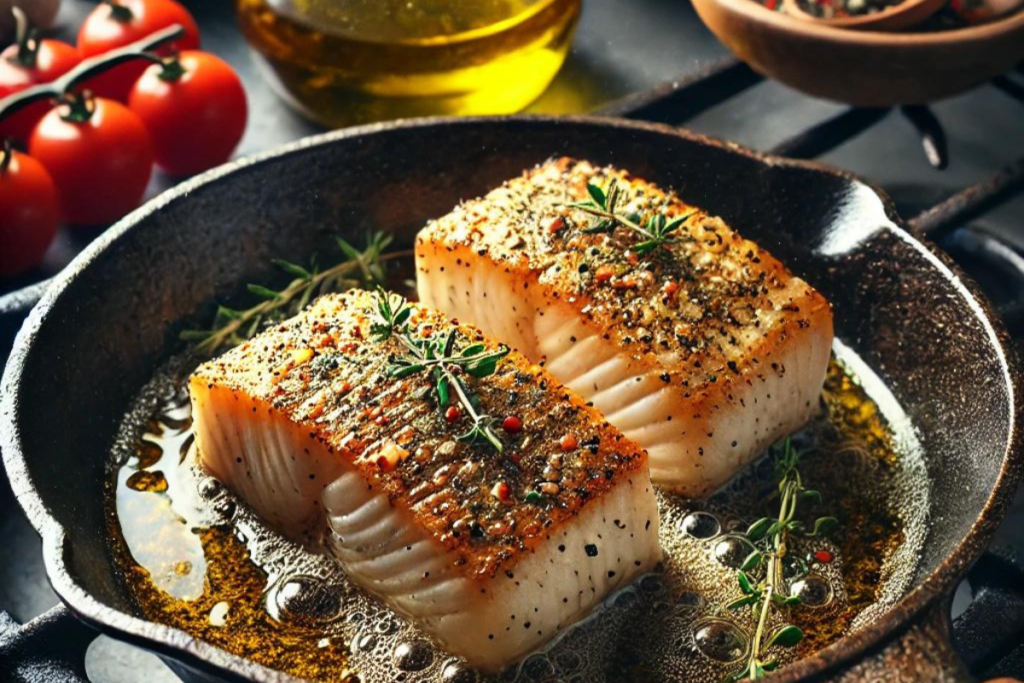 Close-up of seasoned mahi mahi filets cooking in a skillet with olive oil, golden-brown and flaky, topped with fresh herbs.