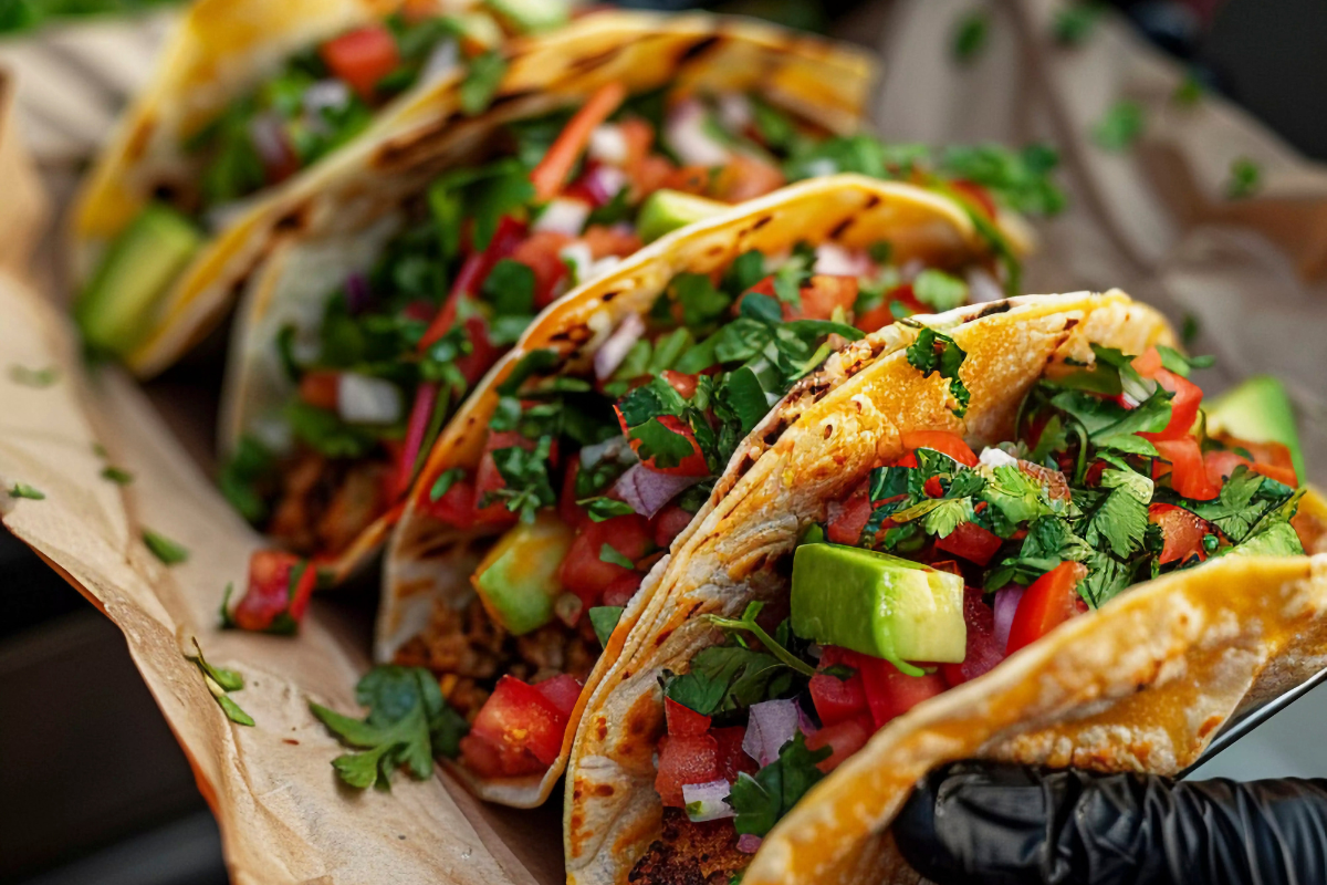 Delicious mahi mahi tacos filled with avocado, tomato, cilantro, and served in soft grilled tortillas.