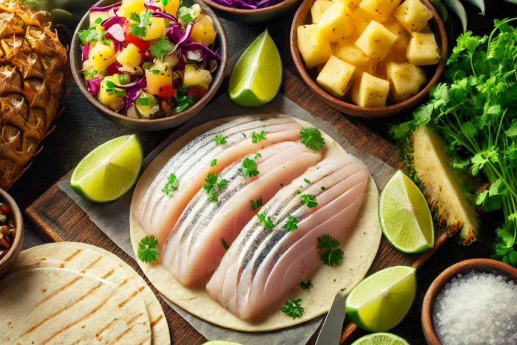 Ingredients for mahi mahi taco recipe including fresh fillets, corn tortillas, cabbage, pineapple salsa, cilantro, and lime wedges.