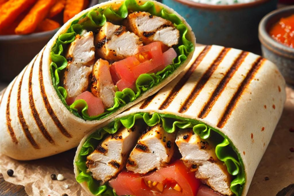 A freshly made grilled chicken wrap cut in half, showing grilled chicken, lettuce, tomatoes, and tzatziki sauce, served with sweet potato fries on a wooden cutting board.