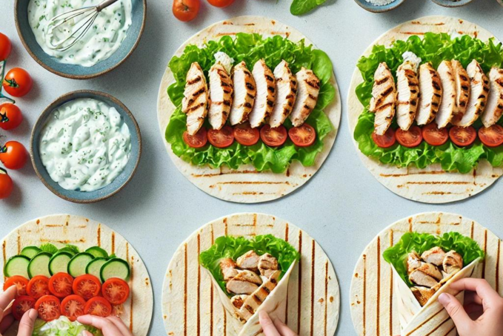 Step-by-step assembly of a grilled chicken wrap with tzatziki sauce, grilled chicken, and fresh vegetables.