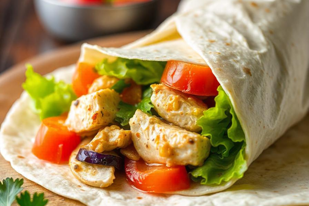 Grilled chicken wrap with fresh vegetables including lettuce, tomatoes, and onions, wrapped in a soft tortilla