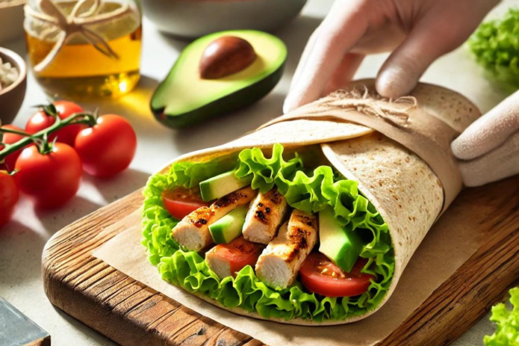 Healthy grilled chicken wrap with whole grain tortilla, fresh vegetables, and grilled chicken