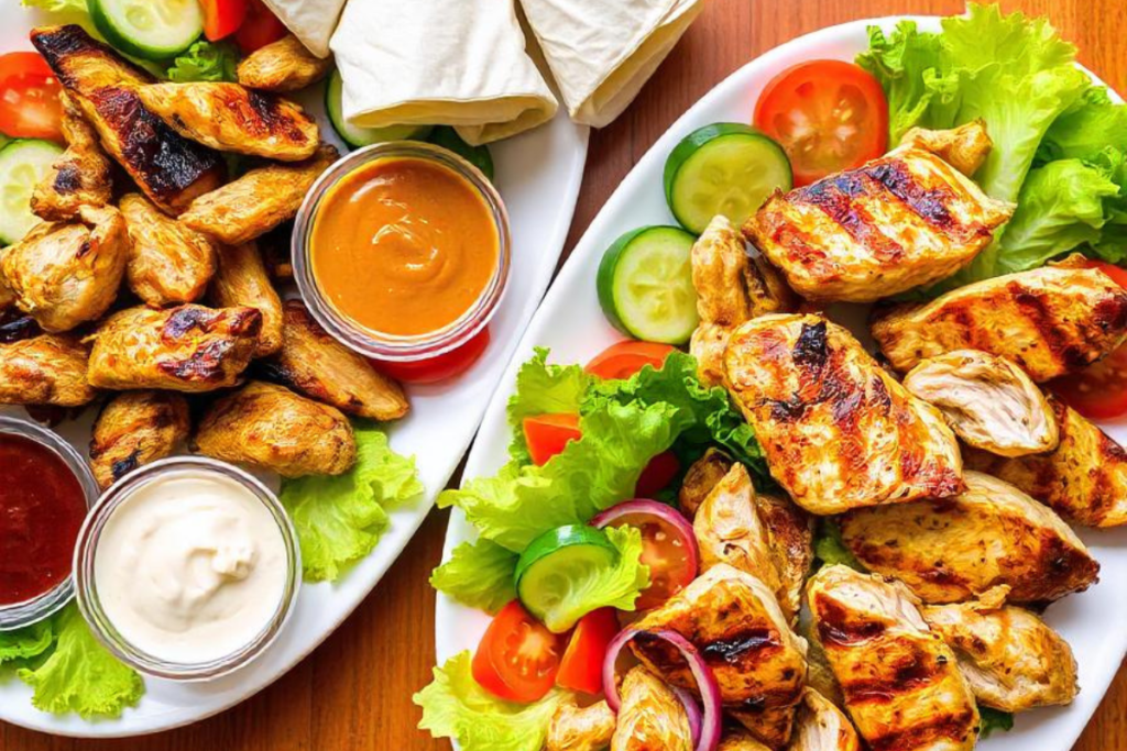 Grilled chicken pieces with fresh vegetables and dipping sauces on a white plate