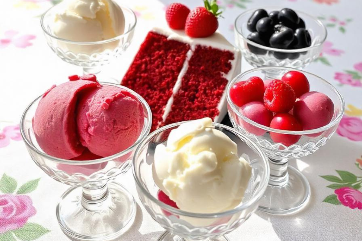 Selection of ice cream scoops next to a slice of red velvet cake.