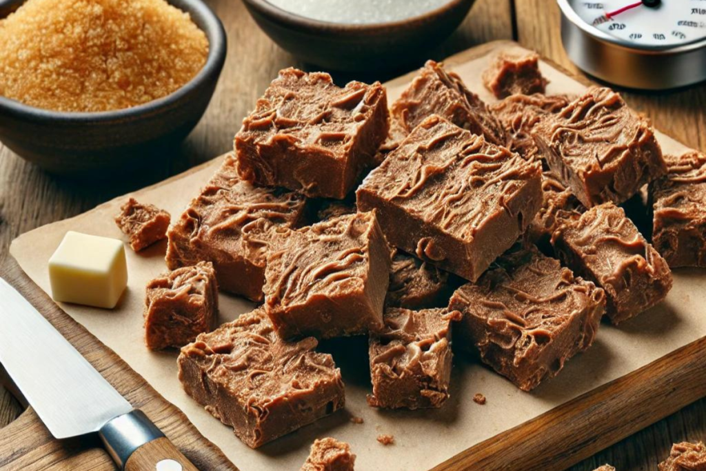 Fudge with a grainy texture caused by overcooking, placed on a wooden cutting board with sugar and butter nearby.