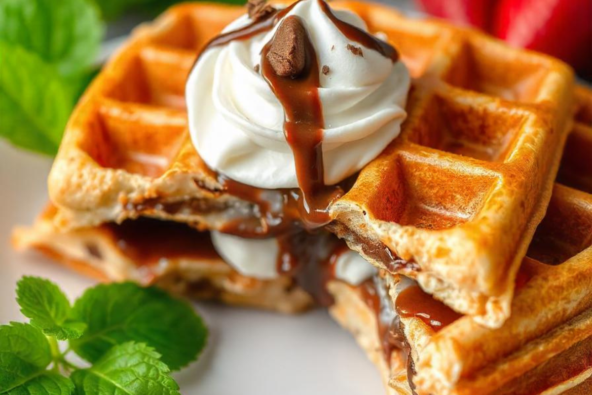 Crisp wafers with whipped cream and chocolate drizzle, served with fresh mint garnish.