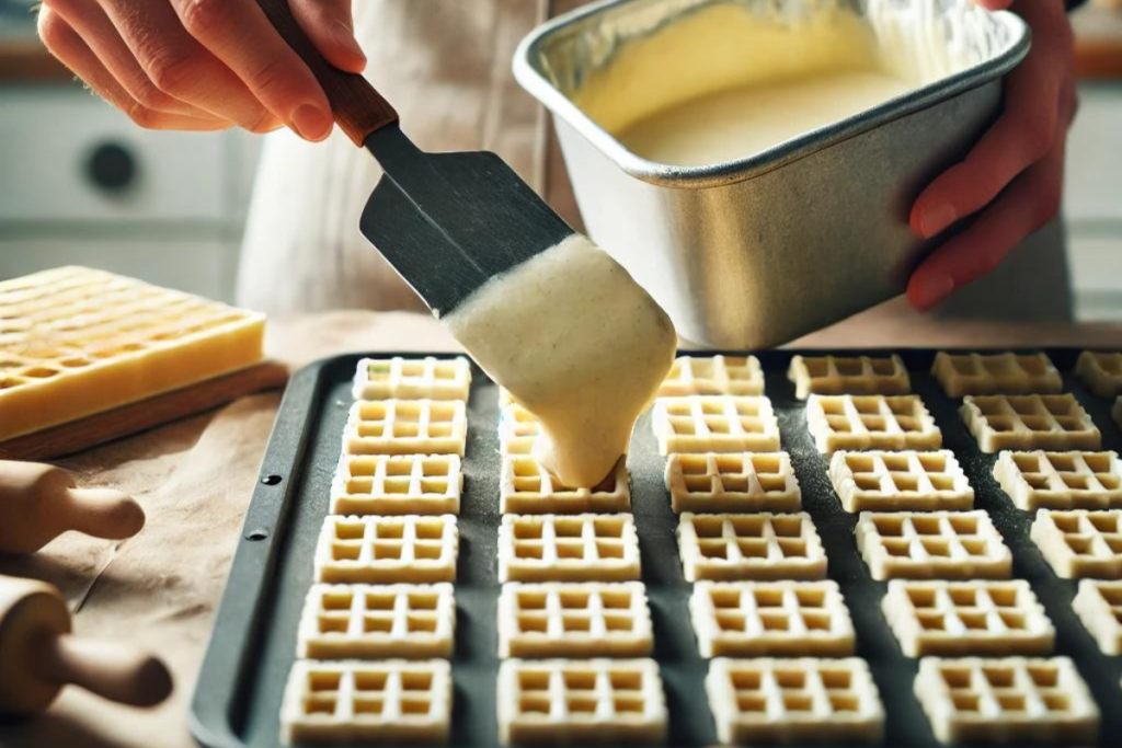 Batter being spread onto wafer molds by hand in a kitchen, preparing crisp wafers for baking.