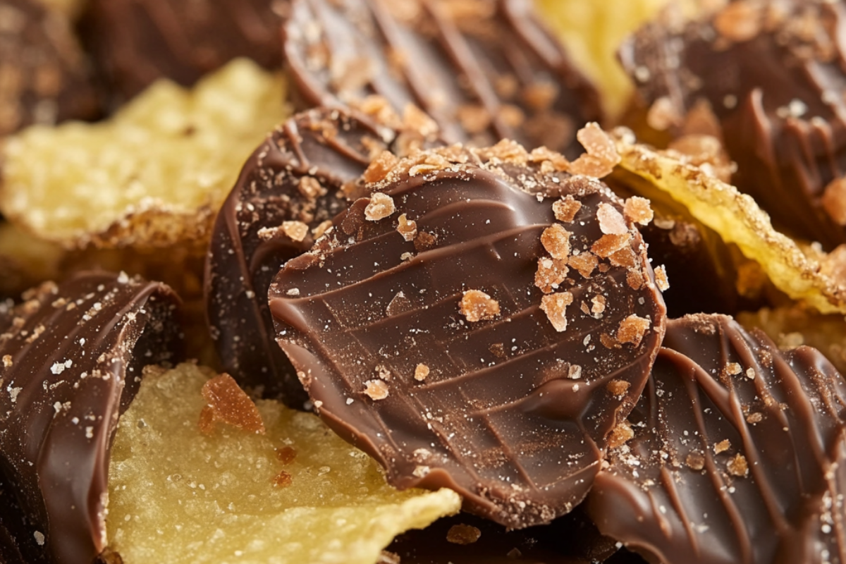 Close-up of chocolate-covered potato chips with salt crystals on top.