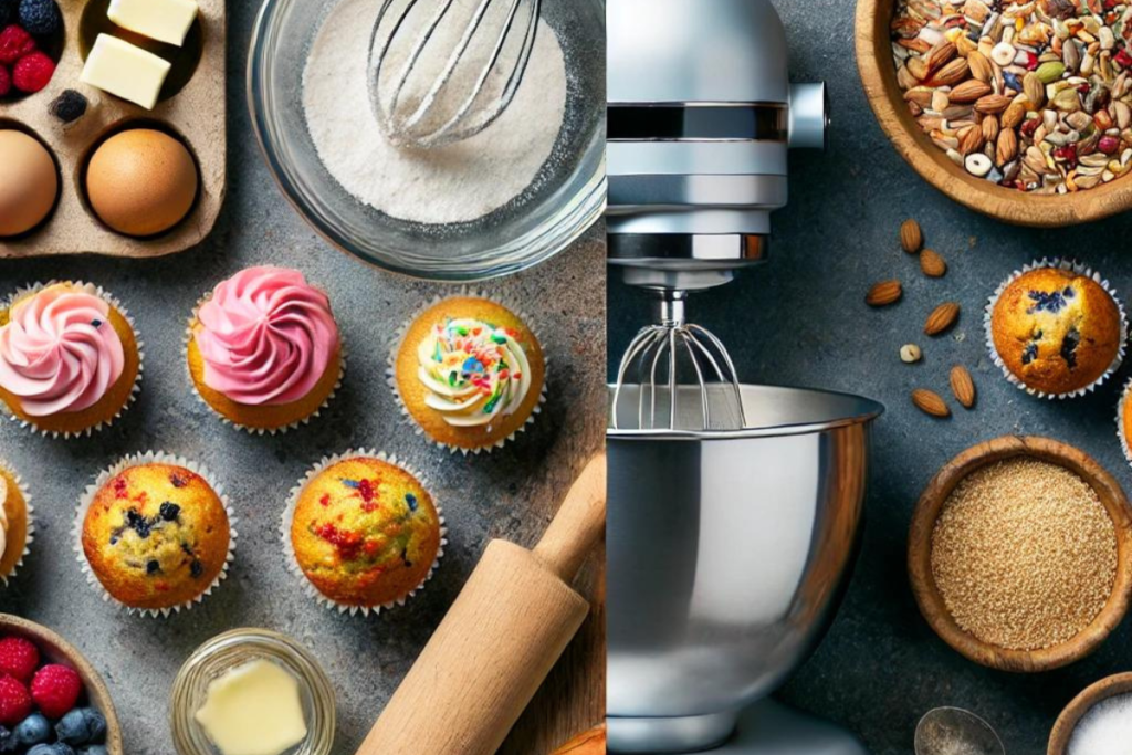 Cupcake ingredients with sugar and butter on one side, and mini muffin ingredients with grains and berries on the other.