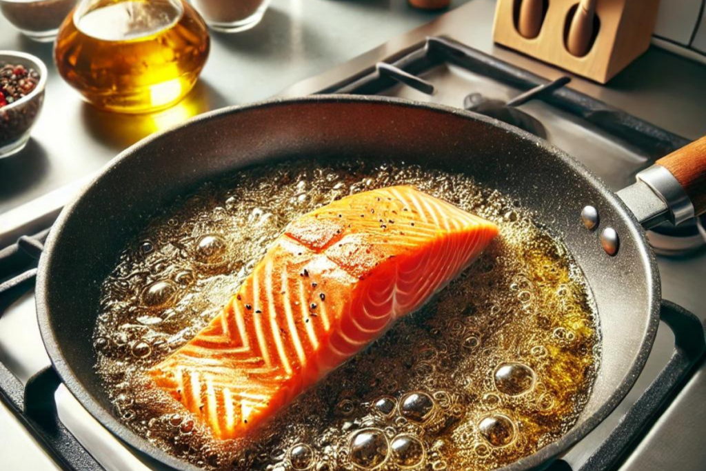 Salmon fillet being gently fried in olive oil, showing a golden-brown crust on a modern stovetop.