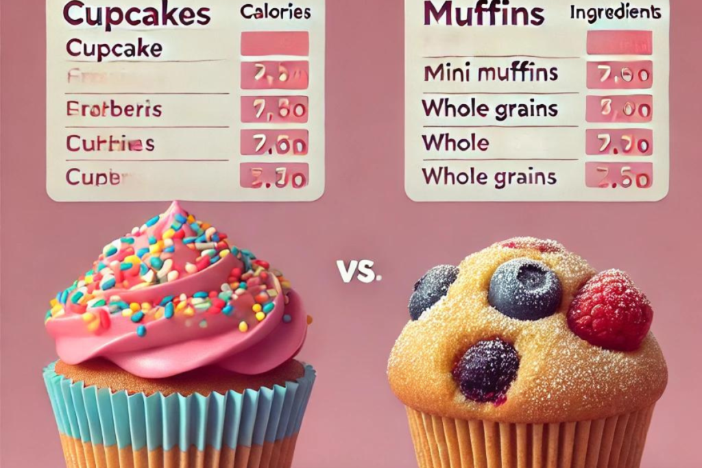 Side-by-side comparison of a cupcake with frosting and a mini muffin with berries, showing their calories and ingredients.