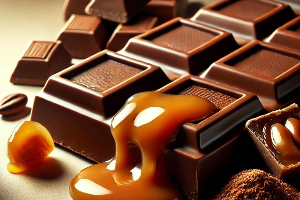 A close-up of a chocolate bar with caramel filling oozing out, surrounded by caramel pieces and cocoa beans.