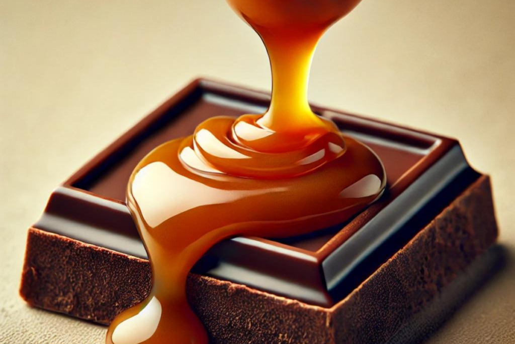 Caramel being drizzled over a smooth layer of dark chocolate, creating a rich and delicious combination.