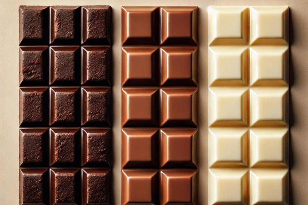 Different types of chocolate bars (dark, milk, white) arranged side by side, highlighting texture differences.