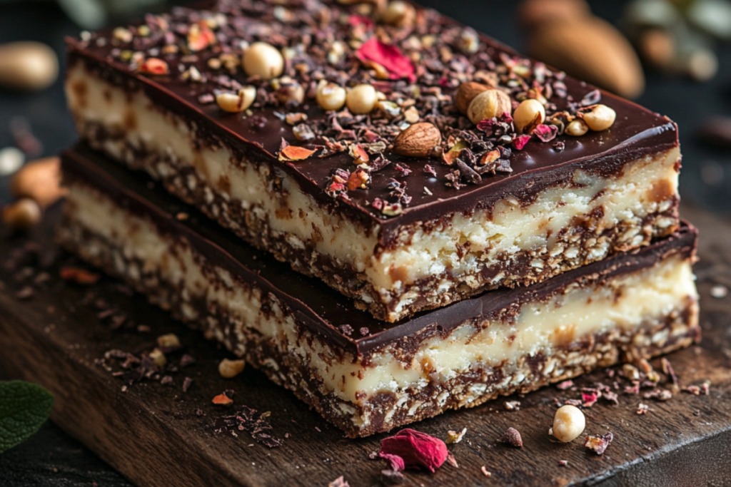 Layered chocolate bars with crunchy topping, featuring creamy filling and rich dark chocolate, garnished with nuts and dried petals on a wooden board.