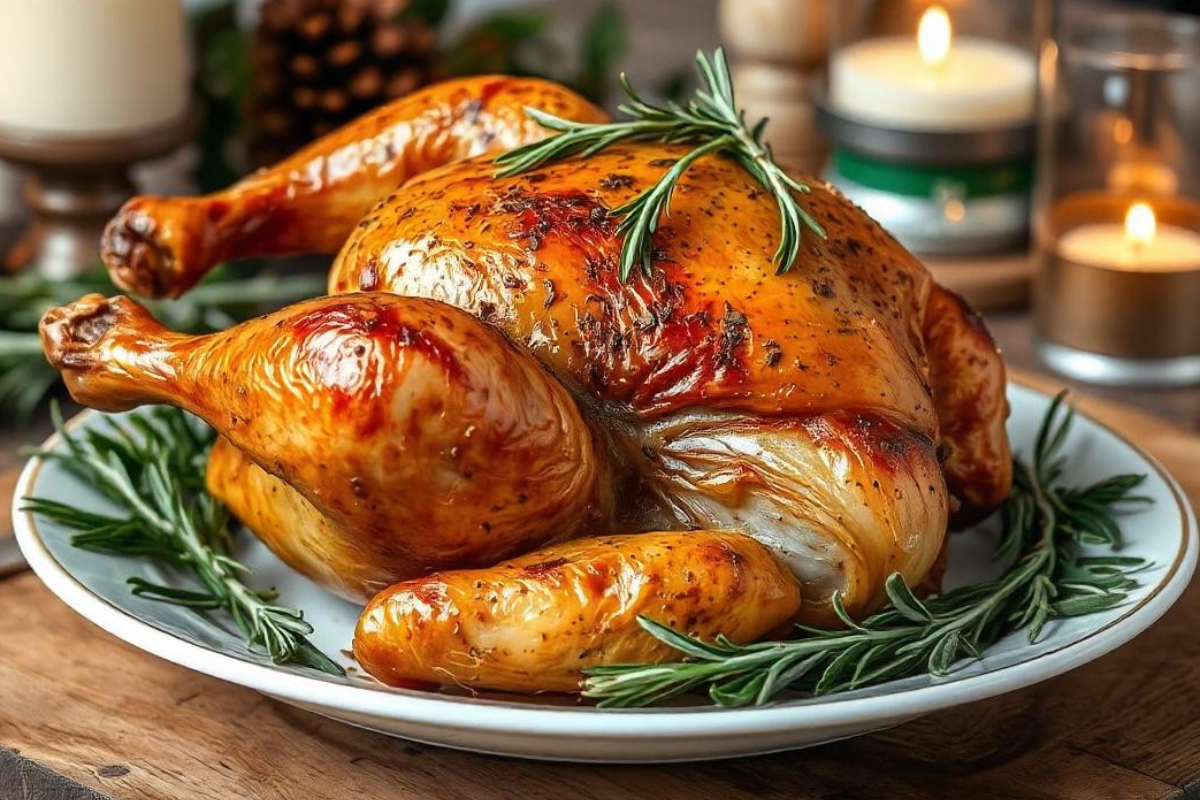 Beautifully roasted French Devil Chicken served with herbs and mustard sauce on a rustic table.