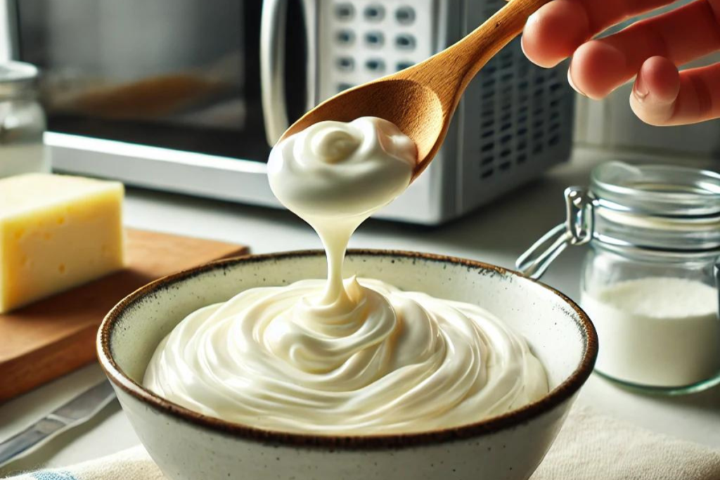 Melting cream cheese in a bowl with a spoon stirring in a bright kitchen