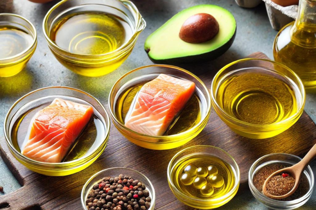 Small glass bowls with olive oil, avocado oil, and canola oil on a kitchen counter for frying salmon.