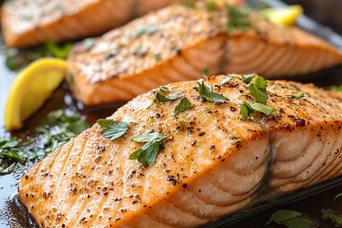 Close-up of a baked salmon fillet garnished with fresh herbs and lemon slices on a dark plate.