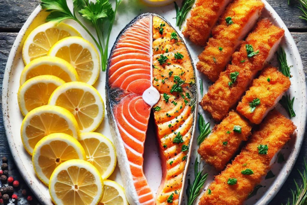 Comparison of baked salmon and fried salmon side by side on a plate, garnished with lemon slices and herbs.