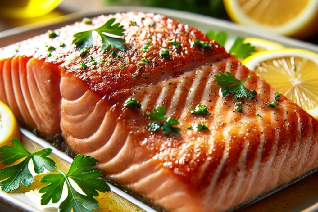 Close-up of a perfectly baked salmon fillet garnished with parsley and lemon on a white plate.