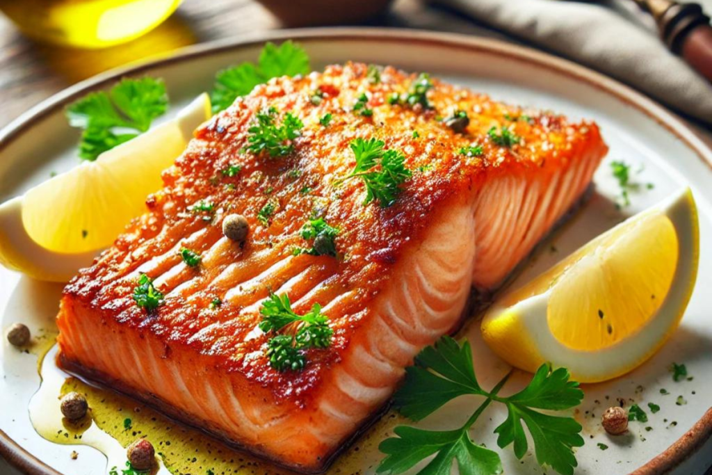 Close-up of a crispy fried salmon fillet on a white plate garnished with lemon wedges and parsley.