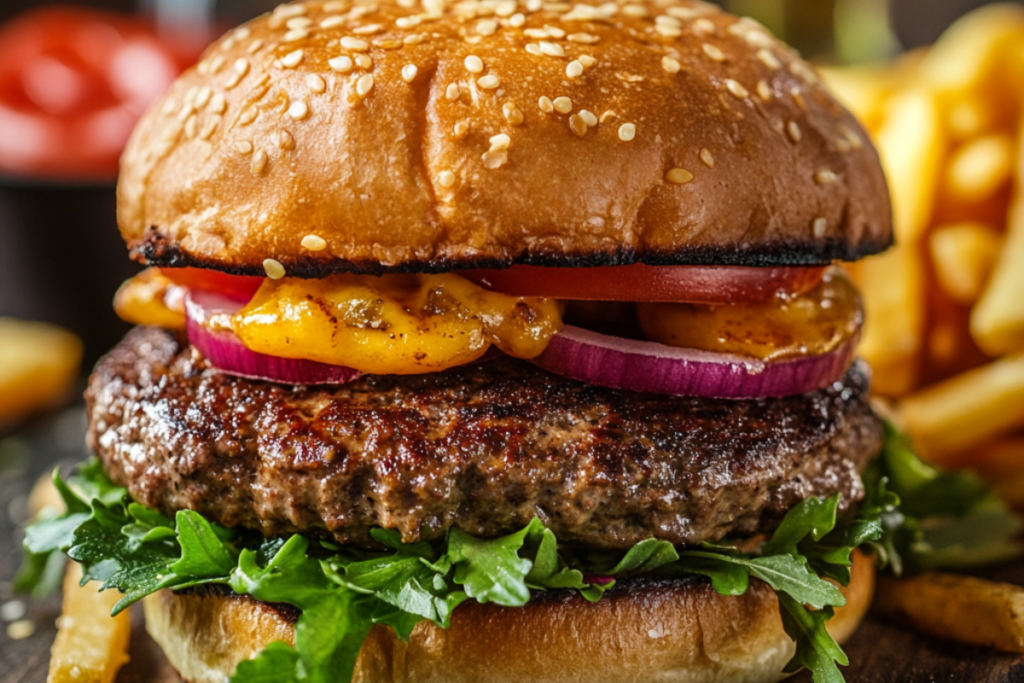 A close-up of a burger with fries, featuring a juicy cheeseburger with fresh vegetables and a sesame seed bun.