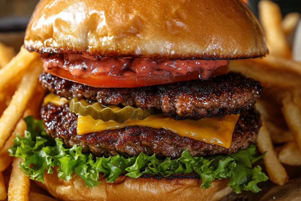 A double cheeseburger with pickles, lettuce, tomato, and a toasted bun, served with crispy fries in the background.