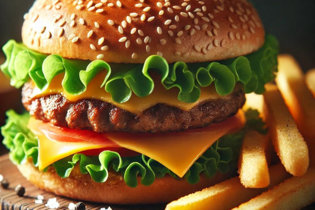 Close-up of a burger with crispy golden fries on a wooden plate.