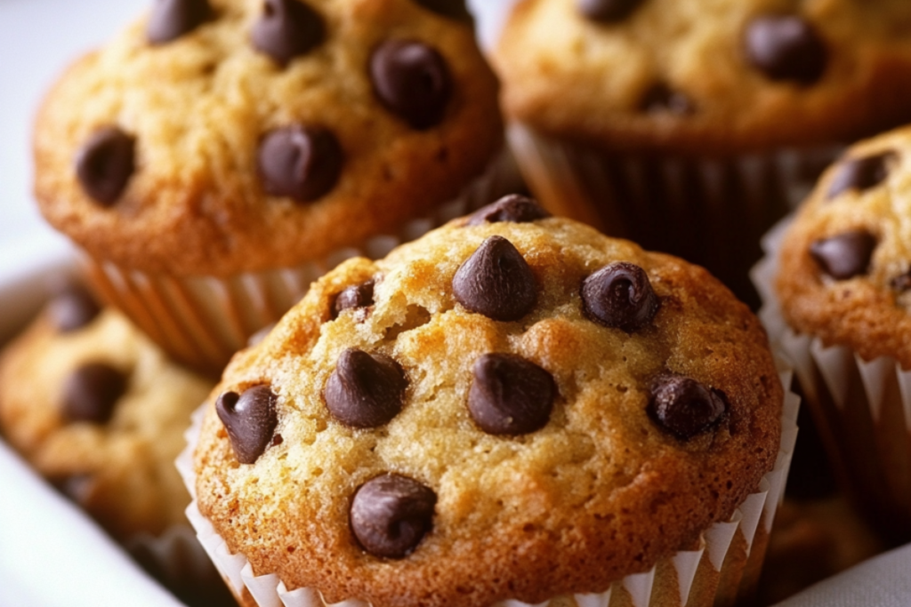 Close-up of freshly baked chocolate chip muffins in white paper liners.