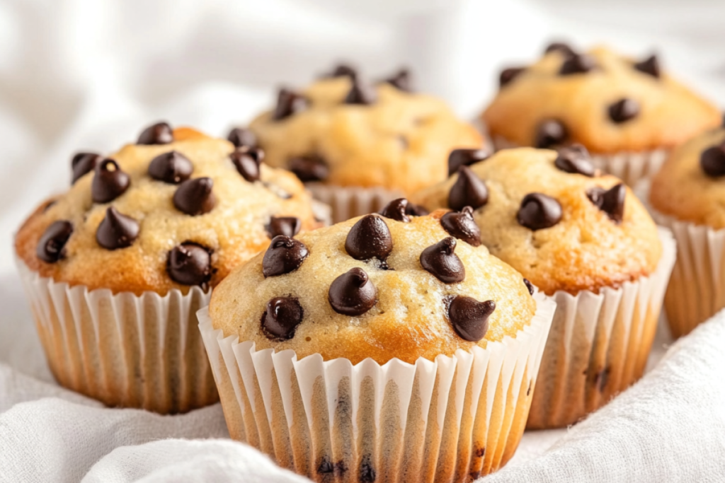 Freshly baked chocolate chip muffins displayed on a white cloth.