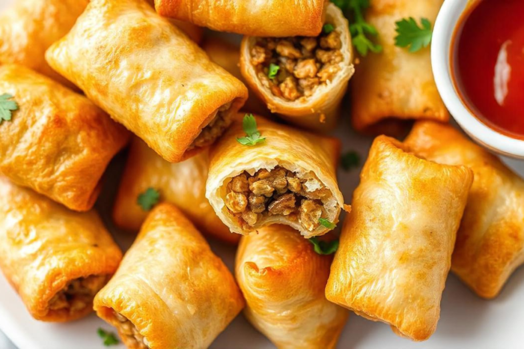 A close-up of crispy chicken cicar rolls with a dipping sauce.