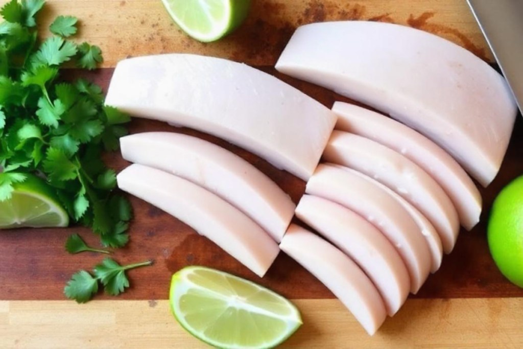 Freshly cut mahi mahi fish with lime wedges and cilantro, prepared for tacos on a rustic cutting board.