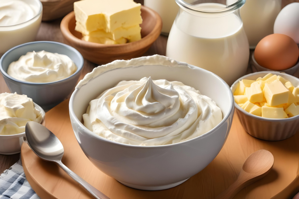 A visually appealing bowl of melted Philadelphia cream cheese surrounded by cooking ingredients like milk, cream, butter, and a whisk in a cozy kitchen setting