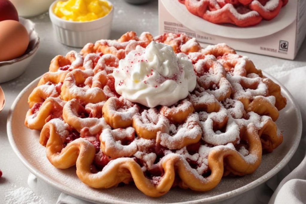 A crispy red velvet funnel cake dusted with powdered sugar, surrounded by baking ingredients like a box of red velvet cake mix, eggs, and buttermilk, presented on a plate in a cozy kitchen.