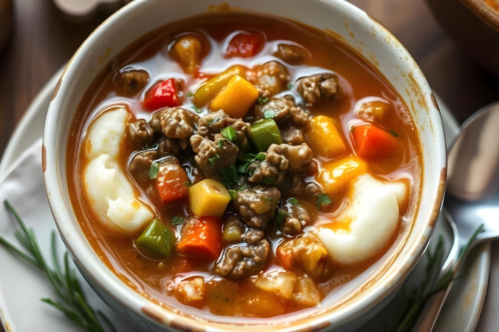 A warm bowl of Shepherd's Pie Soup with ground meat, vegetables, and mashed potatoes, garnished with fresh herbs.