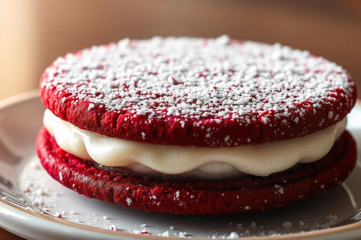 Red velvet cookie sandwich with cream cheese filling dusted with powdered sugar