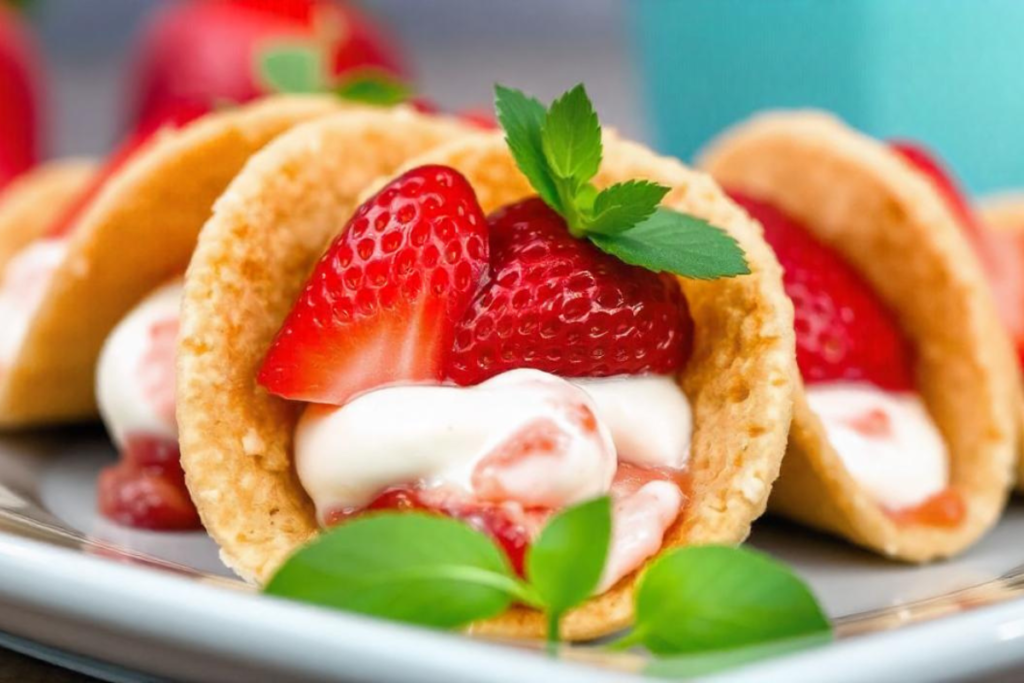 Close-up of strawberry cheesecake tacos with graham cracker shells, creamy cheesecake filling, and fresh strawberries, a sweet taco dessert.