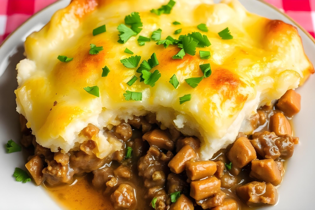 Close-up of a serving of Shepherd's Pie with golden-brown mashed potato topping and rich meat filling.