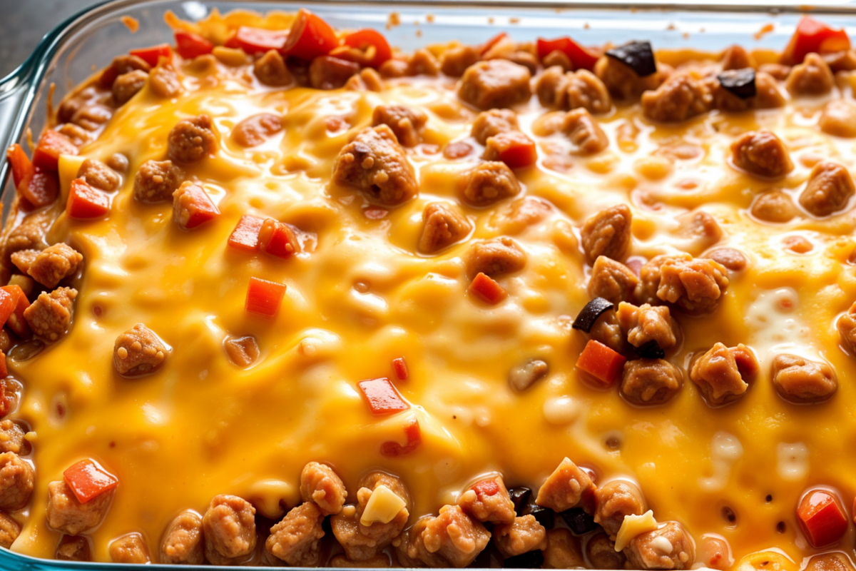 Close-up of a cheesy buffalo chicken casserole topped with melted cheese, diced red bell peppers, and chunks of chicken in a glass baking dish