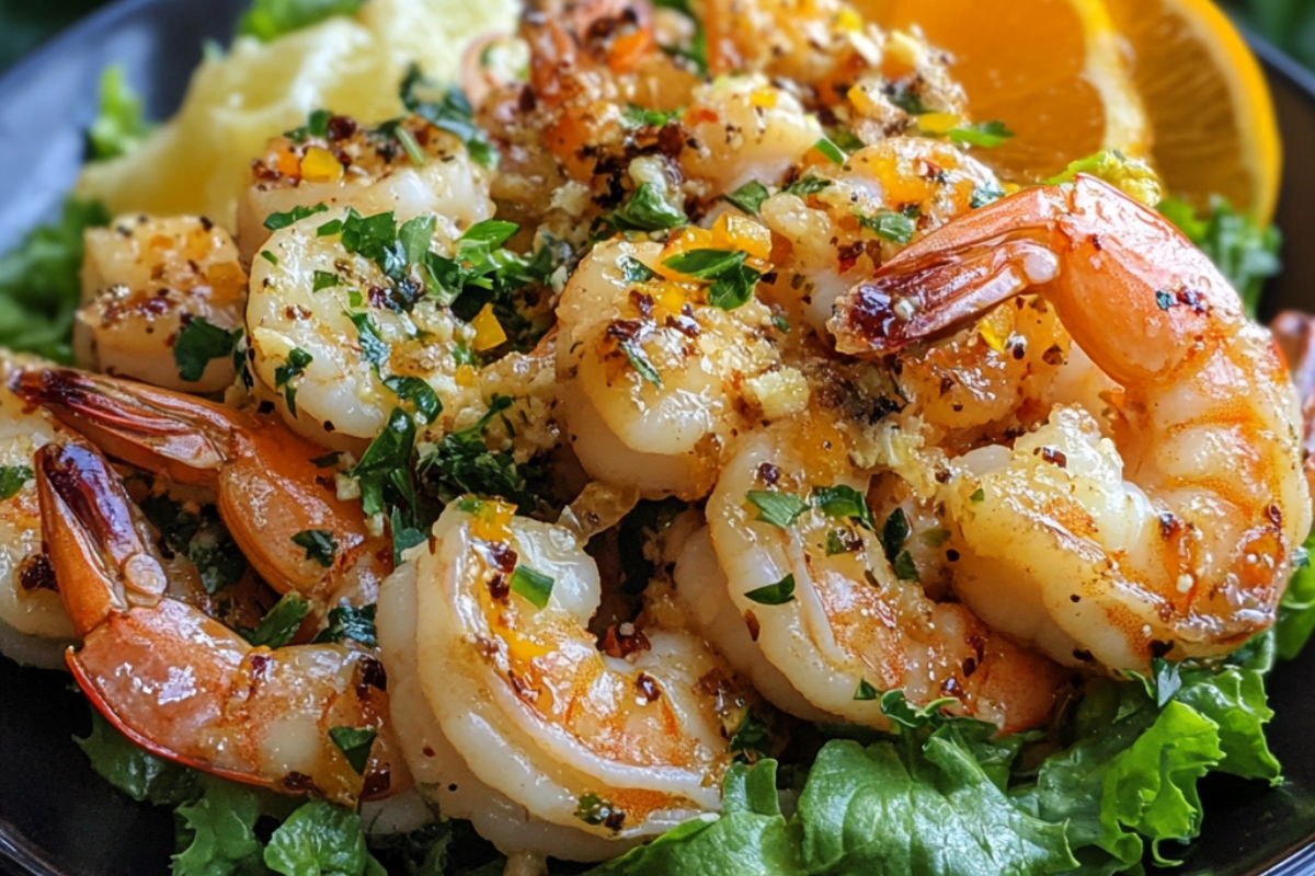 Close-up of orange sauce glazed shrimp garnished with herbs and served on a bed of fresh lettuce.